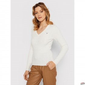 GANT Women Stretch Cotton Cable V-Neck Sweater Eggshell 480022 113