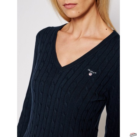 GANT Women Stretch Cotton Cable V-Neck Sweater 480022 433 Evening Blue